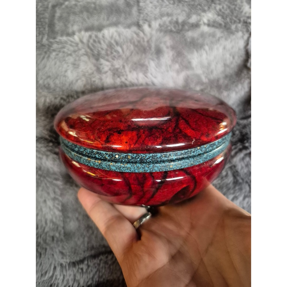Vintage Italian Alabaster Trinket Box Red Marble Hand Carved Jewelry Dish Decor